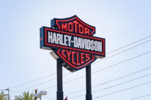 Freestanding monument sign displaying the Harley-Davidson dealership logo