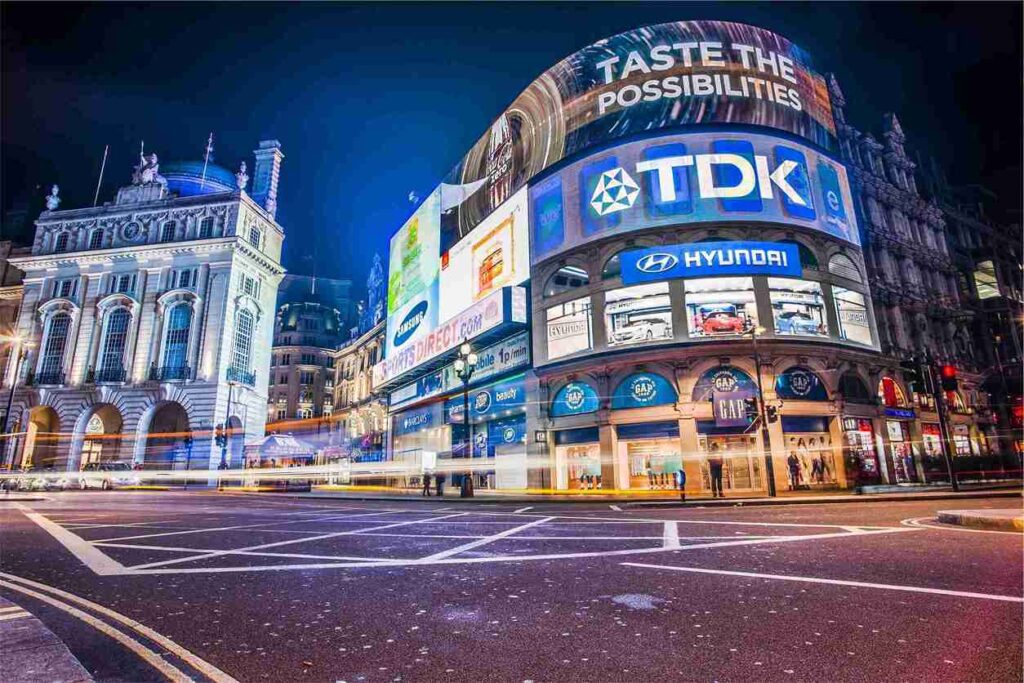 Vibrant illuminated digital billboards at Piccadilly Circus demonstrating various types of LED signs for businesses at night.