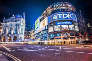Vibrant illuminated digital billboards at Piccadilly Circus demonstrating various types of LED signs for businesses at night.