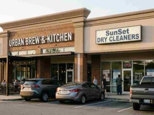 Commercial storefront comparing dimensional channel letters with an enclosed cabinet sign.