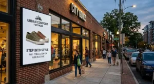 Full-color digital signage display outside a busy retail storefront in the evening.