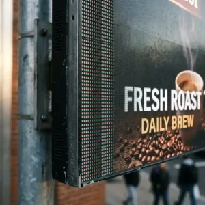 Close-up of the realistic pixel structure and surface detail of a commercial digital display.